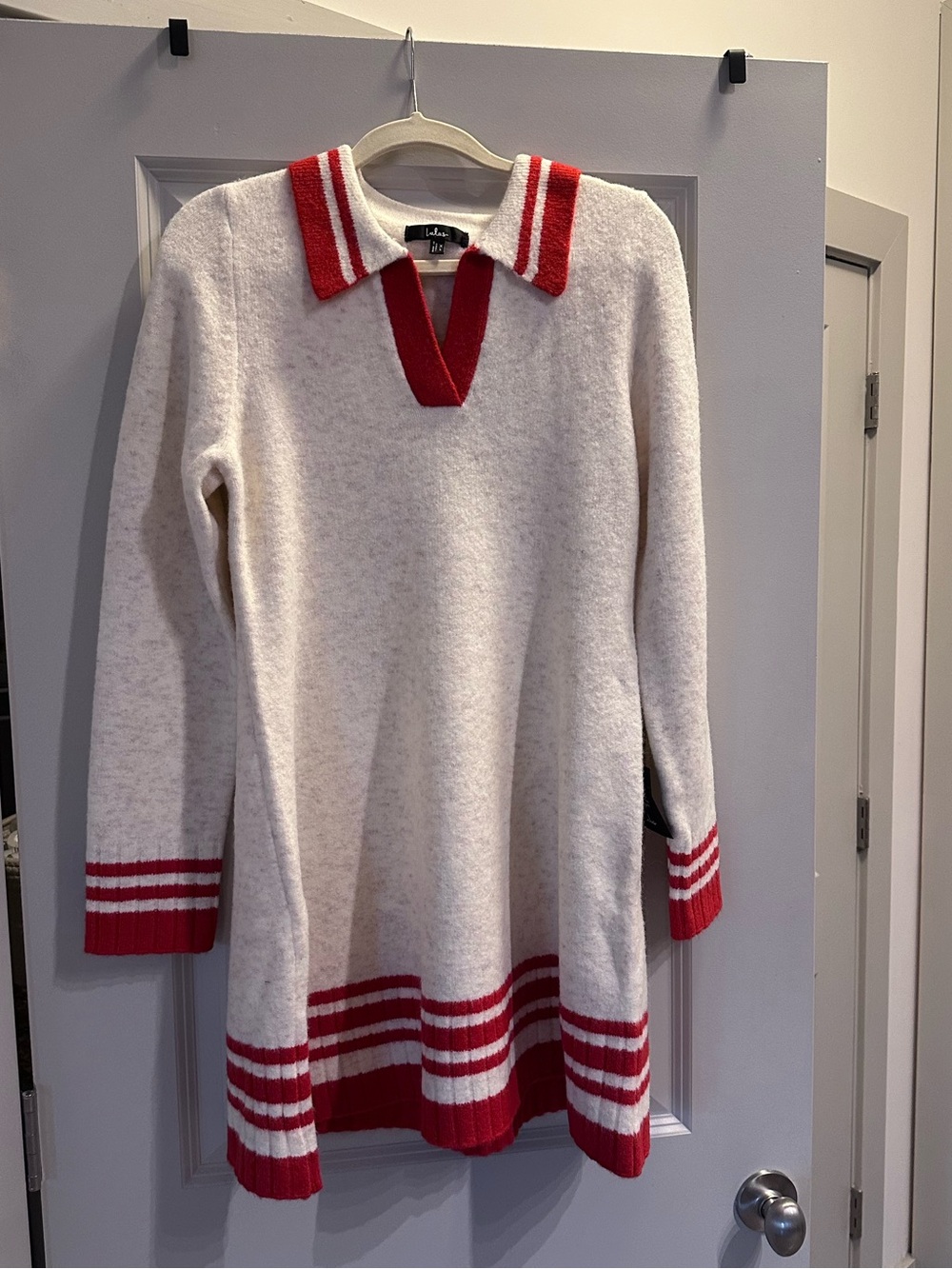 Lulus Soft Serenity Heather Ivory and Red Collared Sweater Mini Dress - Picture 8 of 9
